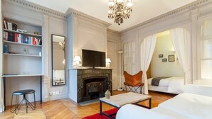 A living room with a fireplace, a television, a bookshelf, and a sofa. - Colombe - Furnished apartment - Downtown Lyon (Lyon)