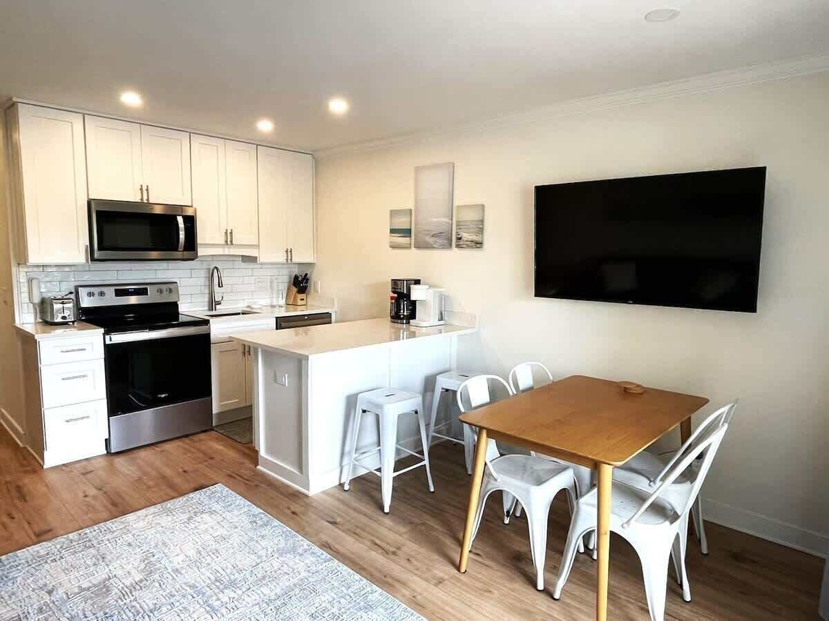 A modern kitchen with white cabinetry, a built-in microwave, and a central island with bar stools.
