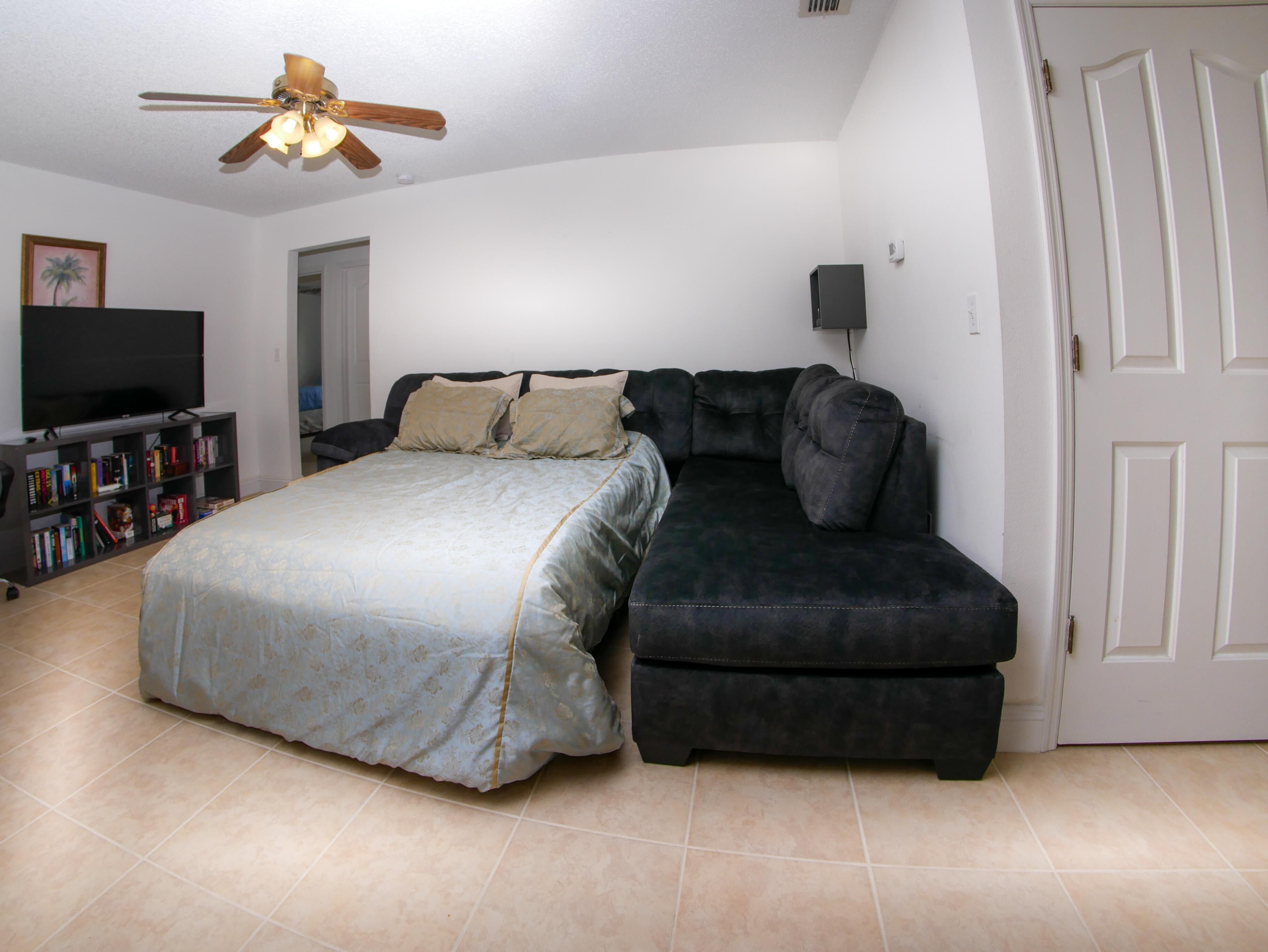 A bedroom with a bed, a dark sofa, a ceiling fan, a TV, and a bookshelf.