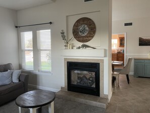 Smart TV, fireplace, DVD player, video library