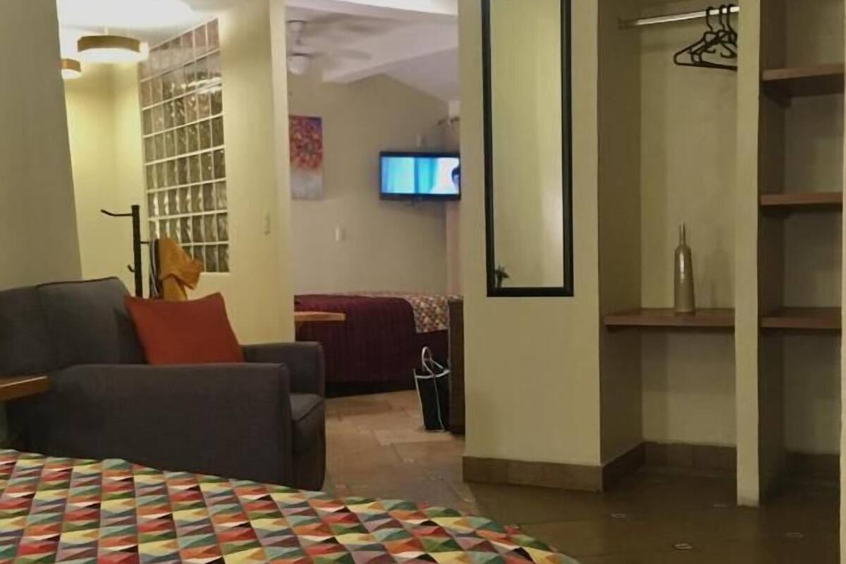 Una habitación con cama, sofá, televisor y armario.