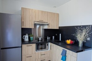 Fridge, microwave, stovetop, coffee/tea maker