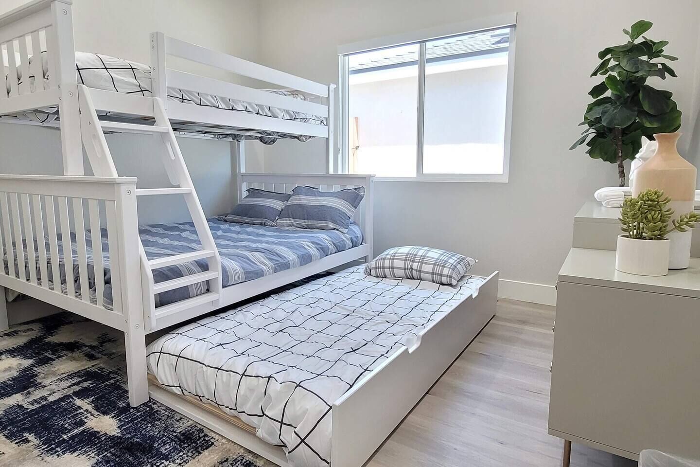 A bunk bed with a ladder, a window with blinds, a potted plant, and a small table.