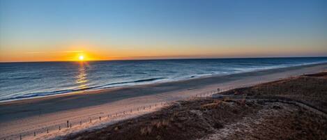 A beach with a fence and dunes.