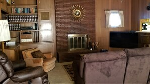 A living room with a fireplace, a television, a kitchen area, and a bookshelf.