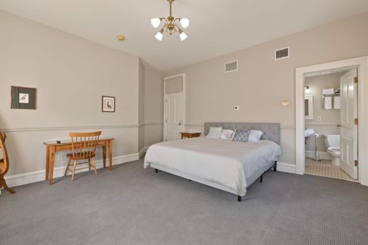 A bedroom with a bed, a desk, and a chair.