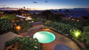 A pool surrounded by lush greenery and a view of the ocean at dusk.