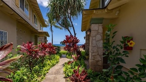 A pathway flanked by lush tropical plants leading to a beach, with a stone pillar and a flower box on the right. - New Owner Special! Ocean View in KoOlina, HI (Kapolei)