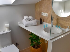 Secador de pelo, toallas y papel higiénico