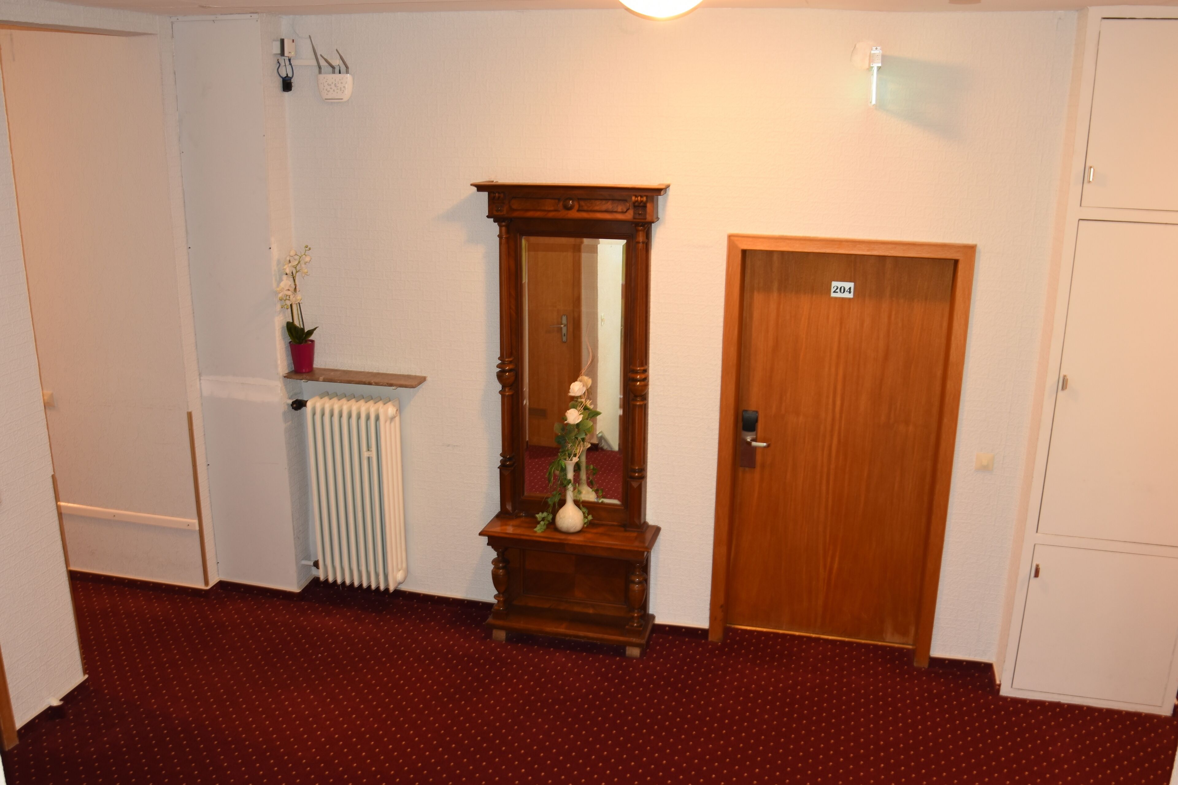 A hallway with a radiator, a mirror, a wooden door with a number, and a potted plant.