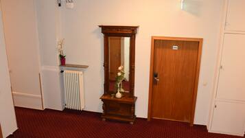 A hallway with a radiator, a mirror, a wooden door with a number, and a potted plant.