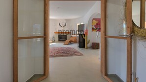 Ein offenes Durchgangsbild zu einem Wohnzimmer mit Kamin, einem farbenfrohen Teppich und einer Kakteendekoration.