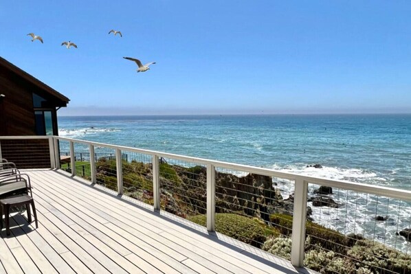 A wooden deck with a railing overlooking the ocean, with seagulls flying above.