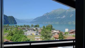 Enjoy serene views of the tranquil lake surrounded by lush greenery and majestic mountains from this lakeside retreat.