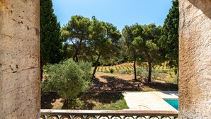 A stone archway framing a view of a garden with trees and a swimming pool.