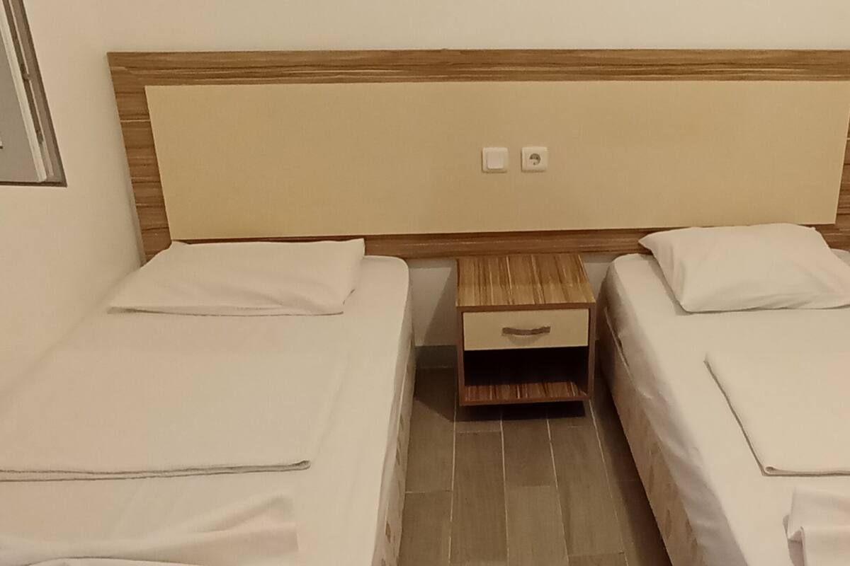 A twin room with two single beds, a wooden headboard, a small wooden nightstand, and a wall-mounted light switch.