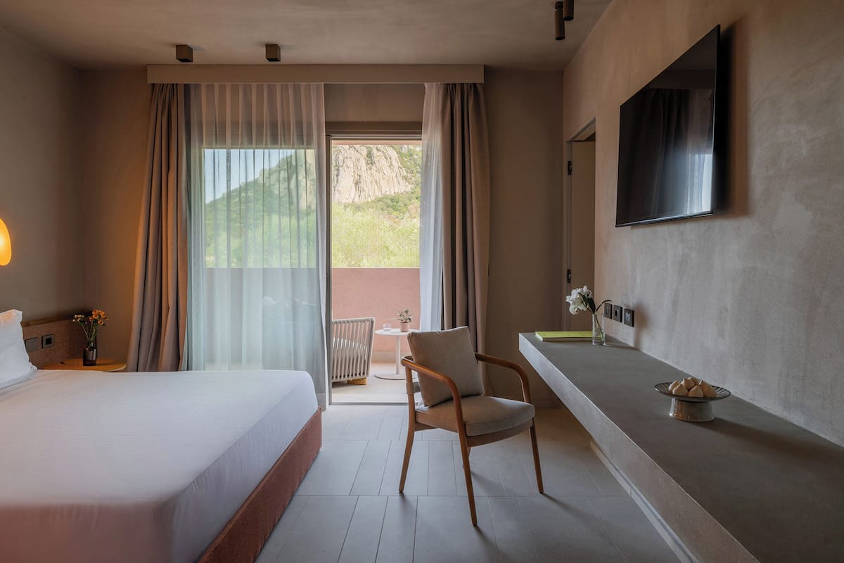 Ein Hotelzimmer mit Bett, Sessel, Fernseher, kleinem Tisch und einer Vase, sowie Blick ins Freie.