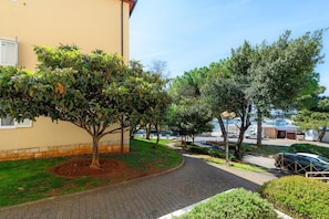 Un sendero pavimentado que conduce a un edificio de fachada amarilla, rodeado de abundante vegetación y árboles.