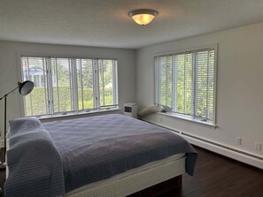 A bedroom with a bed, two windows, a ceiling light, and a radiator.