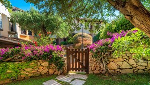 Un mur de pierres avec une porte en bois, un chemin de pierres et de magnifiques fleurs roses.