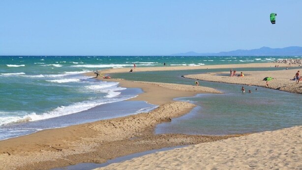 A beach with clear waters, a sandy shore, and a green kite in the sky. - Kleines Haus mit Garten, Ideal für Ruhe, Meer, Funboarding und Windsurfing (Le Barcarès)