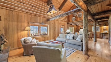 Televisión, chimenea, reproductor de DVD y videoteca