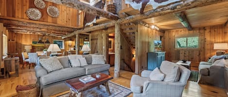 Una televisión, una chimenea, un reproductor de DVD, una videoteca