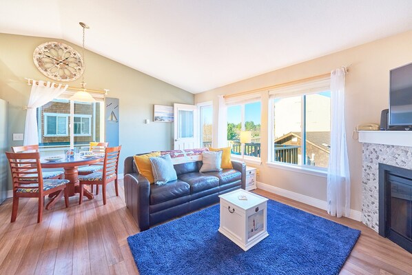 Smart TV, fireplace, books