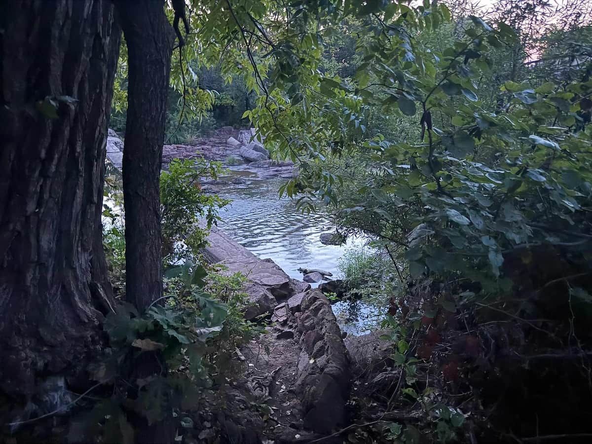 Un paisaje natural con un arroyo, árboles y rocas.