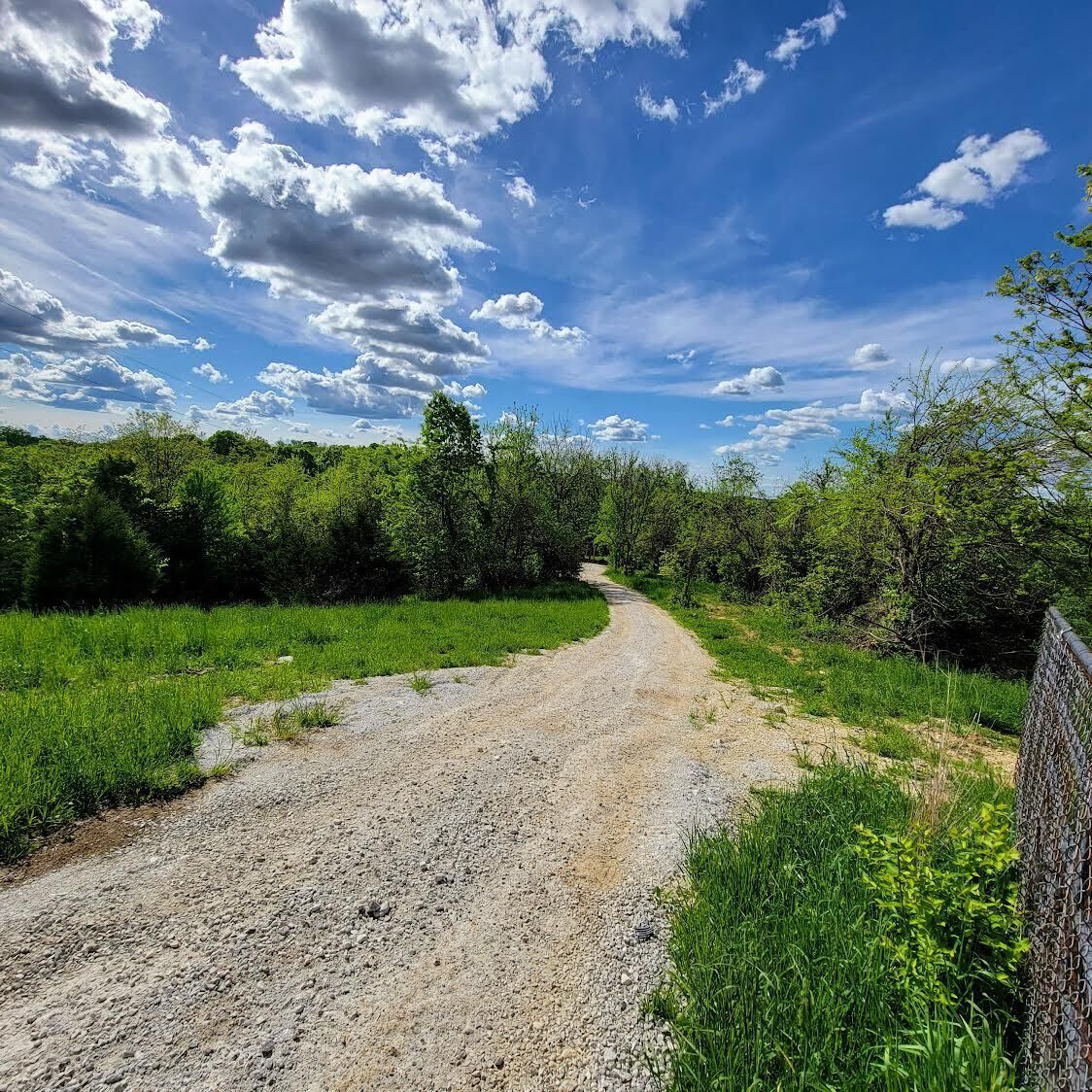 A gravel path leading through a green landscape with trees and bushes.
