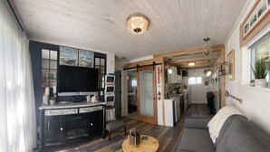 A cozy living room with a sofa, a coffee table, a TV, and a fireplace. There is a kitchen area with cabinets and a sink. - Cedar Point, Sports Force, Kalahari Near Cottage. Boat Parking ez Walk to Beach! (Huron)