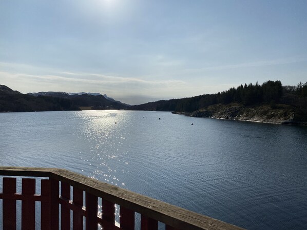 Un lago tranquilo con un muelle de madera al frente.