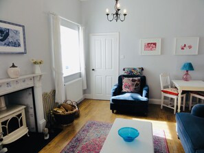 Smart TV, chimenea y libros 