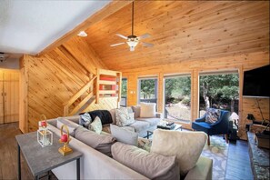 Smart TV, fireplace, video games, DVD player