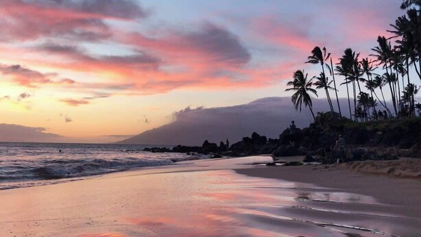 A beach with a sunset, palm trees, and rocky outcrops.