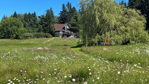 A two-story house with a dark roof, surrounded by a grassy field with white flowers, and dense trees in the background. - Baker View Lodging with hot tub, sound, mountain, and territorial views. (Camano)