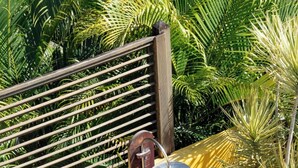 A wooden deck with a yellow wall, a metal fence, and various potted plants.