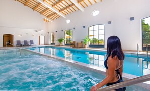 Una piscina interior con vistas al exterior, techo con vigas de madera y zona de estar con sillas y plantas.