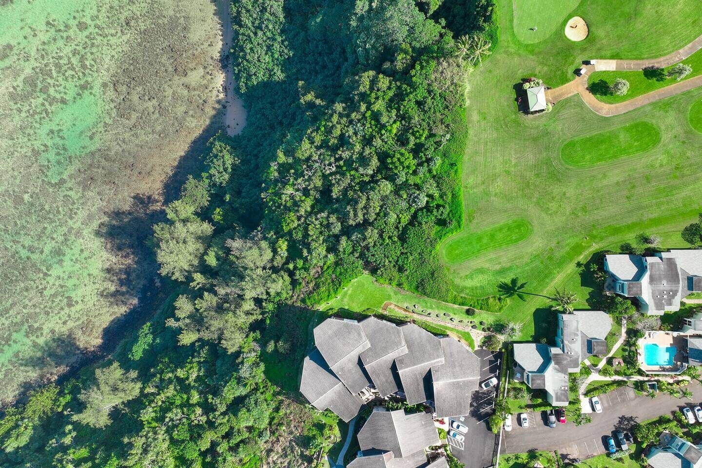An aerial view of a residential area with houses, a golf course, and a swimming pool.