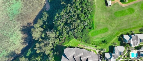 An aerial view of a residential area with houses, a golf course, and a swimming pool.