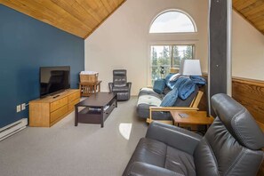 Televisión, chimenea y oficina 