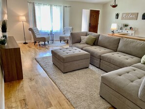 Smart TV, fireplace, books