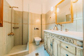 A bathroom with a shower, toilet, vanity, and a large mirror. - Elysian Luxury Villa Pelion (Zagora-Mouresi)