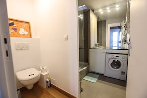 Shower, eco-friendly toiletries, hair dryer, towels