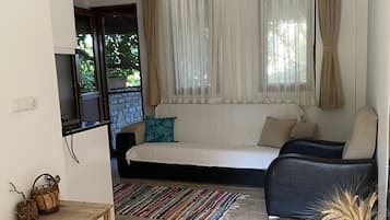 Appartement de base, 1 lit double et 1 canapé-lit, vue sur le jardin | Aire de séjour | Téléviseur ACL de 56 cm avec télévision par satellite, téléviseur