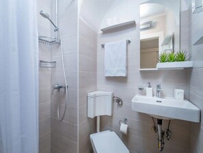 Un baño moderno con ducha, inodoro, lavabo y un espejo con una planta.