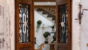 A wooden door with metal bars, leading to a staircase and a room with a white wall and a small green plant. - History House Moja Ti 1830 - Superior Apartment with Sauna (Senj)