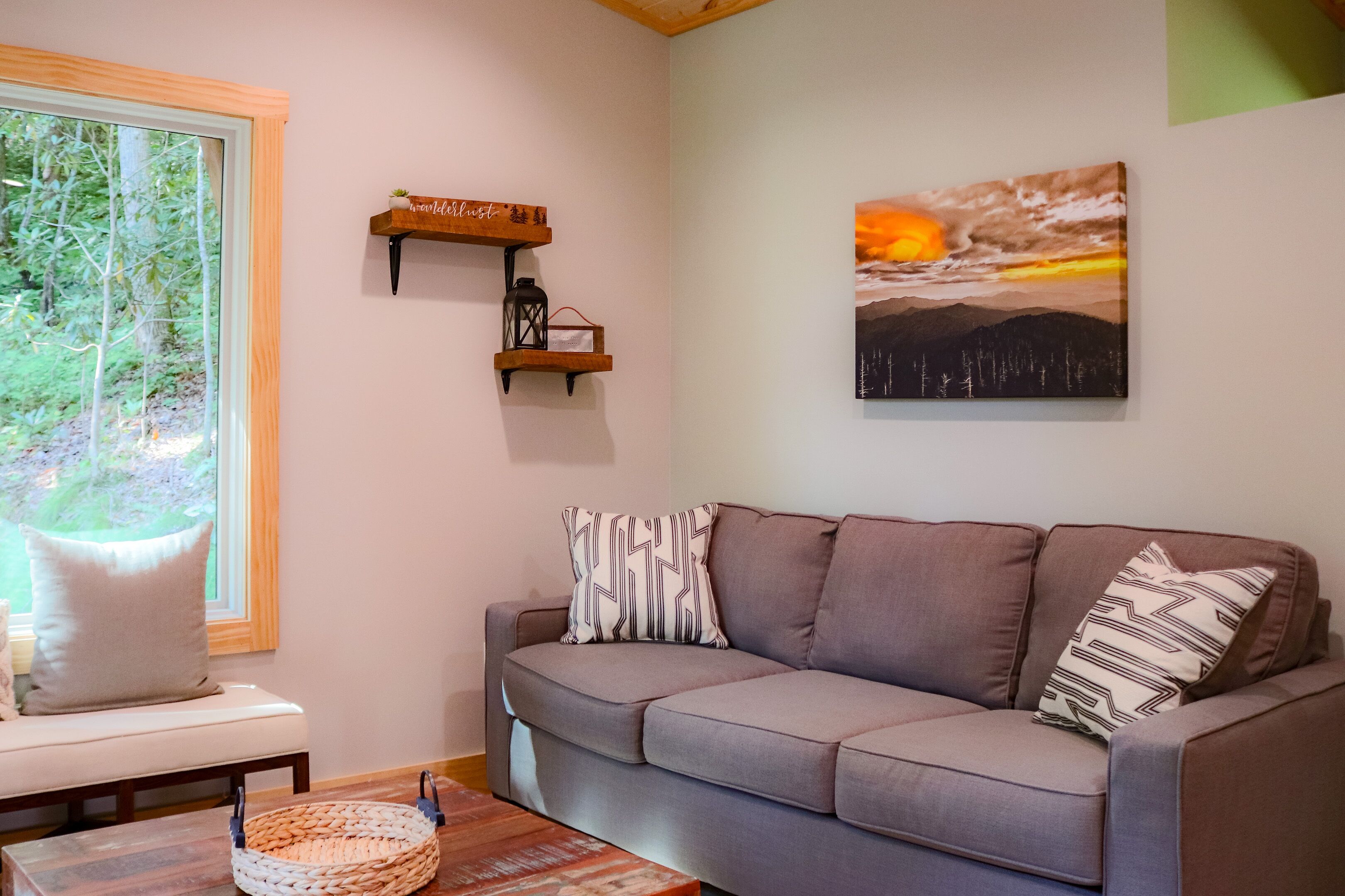 Una sala de estar con un sofá gris, dos almohadas, una estantería de madera con una planta y un cuadro de una puesta de sol.