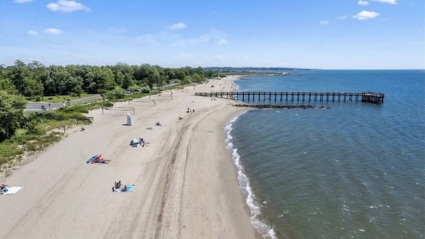Una playa con un muelle de madera que se adentra en el agua, rodeada de vegetación y un cielo despejado.