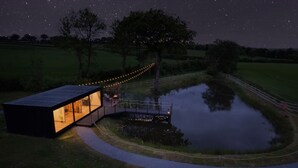 A modern house with a glass facade, a deck, and a pond. - Rusty Boathouse (Llanarth)